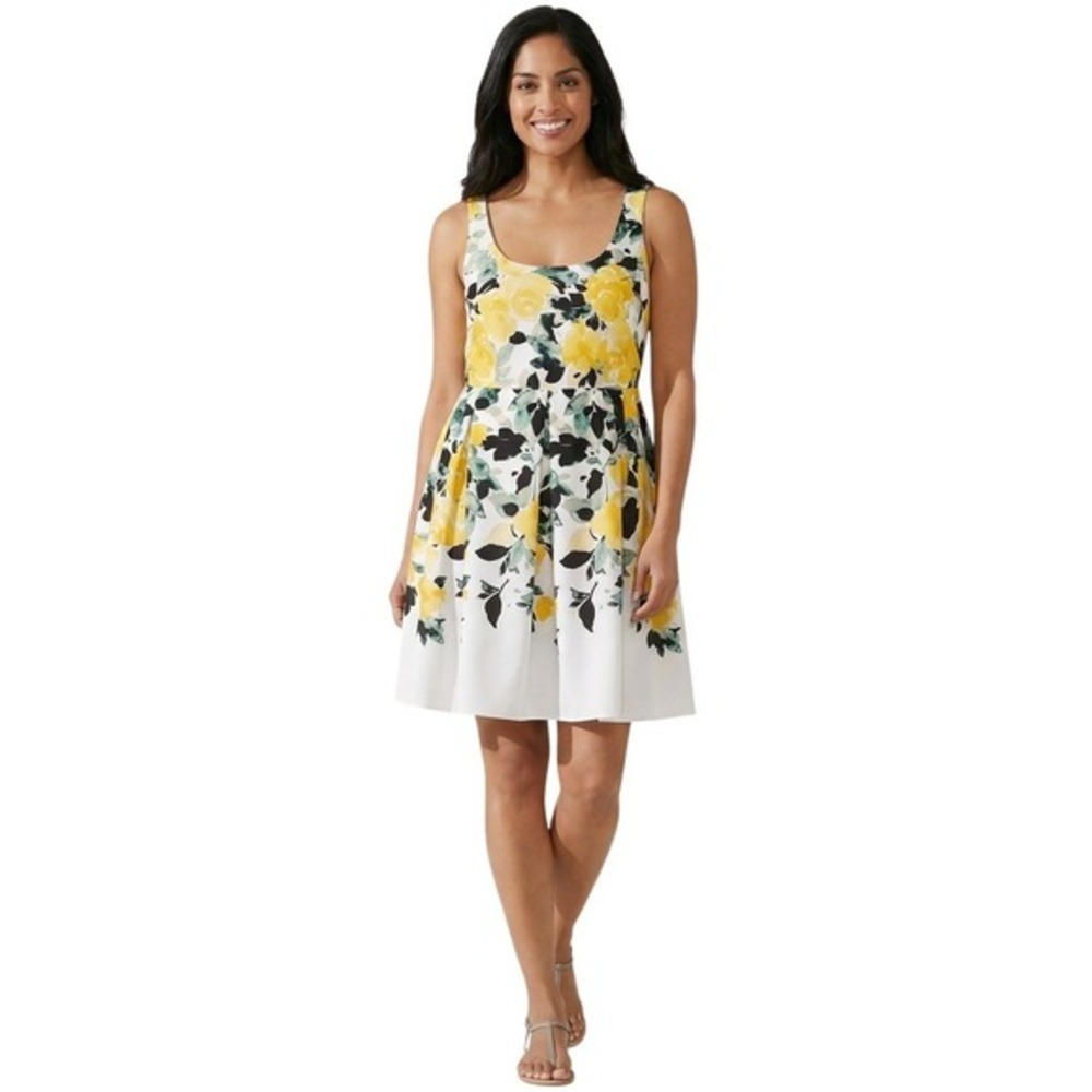 Taylor Women Yellow Floral Fit & Flare Dress Sleeveless Scoop Neck Size 10